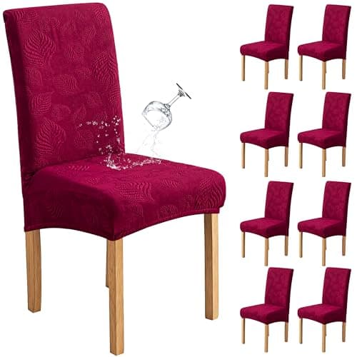Genina Waterproof Dining Chair Covers Set of 8,Stretch Dining Room Chair Slipcovers with Leaf Jacquard,Removable Kitchen Chair Protector for Home,Restaurant,Banquet-Wine - Image 1