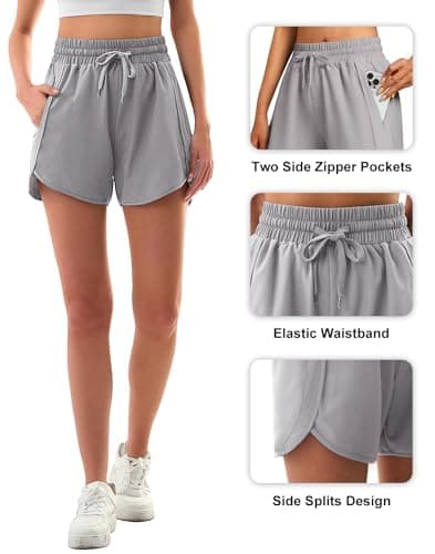 3rd hill Women's 5" Athletic Running Shorts Quick Dry Lightweight Workout Gym Shorts with Zipper Pockets UPF 50+ Light Grey S - Thumbnail 5