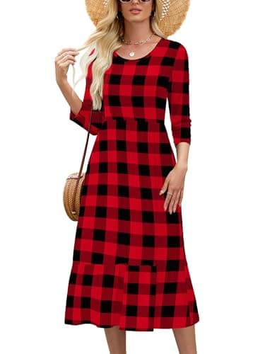 Heymoments Women Dress Crewneck 3/4 Sleeves Red Plaid Medium Wedding Guest A line Casual Flowy Swing Party Vintage Spring Fall Winter Beach Travel 2026 Long Midi Dresses with Pockets - Image 1