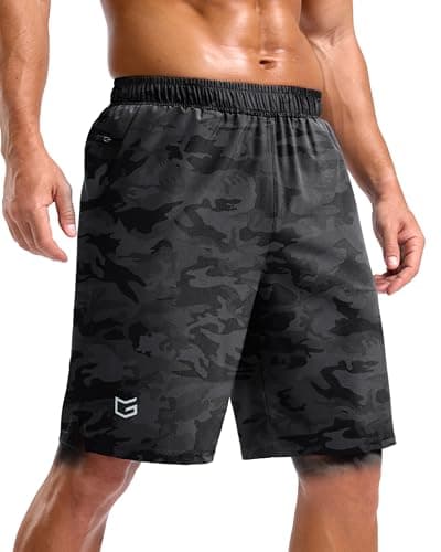 G Gradual Men's Workout Gym Shorts with 2 Zipper Pockets 7"/ 5"/ 9" Quick Dry Athletic Running Basketball Shorts for Men (Grey Camo, 9XXL)