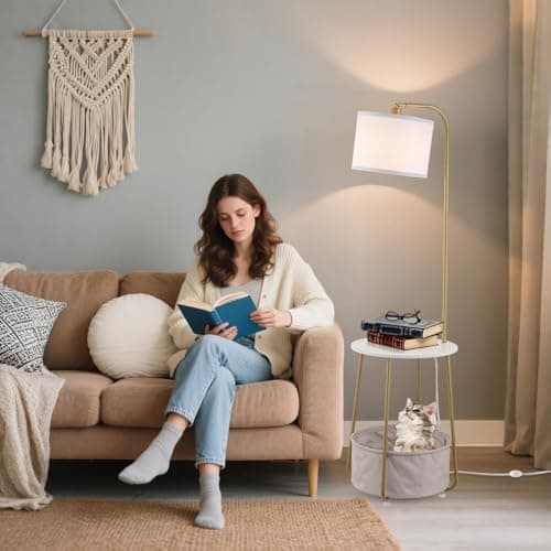 YJSQOEOE Floor Lamp with Cat Bed, Adjustable Lampshade, 3 Color Temperatures, Foot Switch Control, Tall Standing Lamp with Pet House, Modern Lighting for Living Room Bedroom Decor, Gold - Thumbnail 4