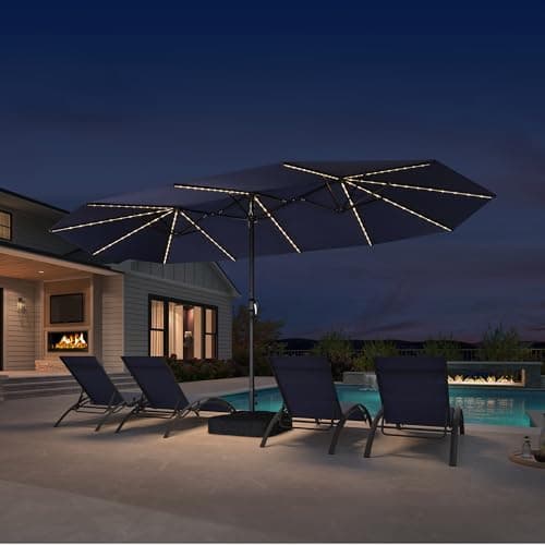PURPLE LEAF 15ft Patio Market Umbrella with Solar LED and Base Double-Sided Rectangle Outdoor Table Sun Umbrellas with Crank for Pool Beach Deck Backyard Navy Blue - Image 1