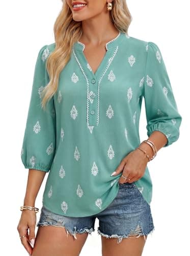 GRACE KARIN Boho Tops for Women Summer, Dressy Casual Floral Blouses, V Neck Button Up 3/4 Sleeve Shirts for Vacation Light Green L - Image 1