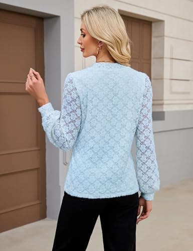 Blooming Jelly Womens Lace Long Sleeve Tops Tie Front Lined Dressy Blouse Fall 2025 Fashion Trendy Ladies Elegant Business Casual Outfit (X-Large, Light Blue) - Thumbnail 3