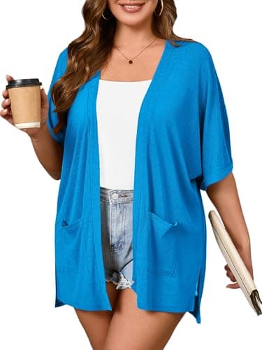 AusLook Plus Size Women's Knit Short Sleeve Lightweight Open Front Cardigans Blue 3X Cover Ups Shrugs Shawls and Wraps Kimono Jacket Coat with Pockets - Image 1