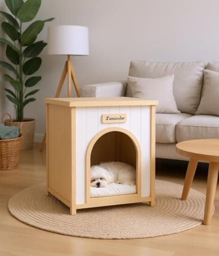 Lumicedar Indoor Dog House for Small Dogs, Solid Cedar Wood Dog House Indoor, Flat-Top Wooden Dog House, Arched Door & Soft Dog Bed, Dog House for Dogs & Cats (Natural, 20.3" D x 20.9" W x 23.6" H) - Thumbnail 6