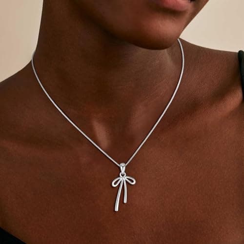 Fezodo Bow Necklace for Women Girls - Silver Bow Pendant Necklace Teen Girls Gifts Trendy Stuff Valentines Day Christmas Birthday Day Gifts for Girl Kids Jewelry - Thumbnail 2