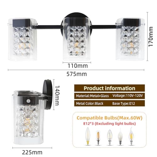 TYhogar Modern Crystal Vanity Lights, 3-Light Black Bathroom Light Fixtures with Clear Shades, Bathroom Lighting Fixtures Over Mirror Wall Light for Hallway, Decoration,Bedroom（Exclude Bulb） - Thumbnail 6