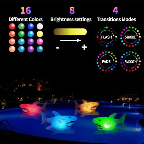 40inch Solar Pool Floats Lights, IP68 Waterproof Solar Powered Shark Floating Pool Lights,16 Colors RGB Inflatable Light Up Pool Float for Above Ground Pools, Outdoor Swimming Pool Decorations - Thumbnail 3