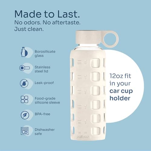 purifyou 40oz / 32oz / 22oz / 12oz Borosilicate Glass Water Bottle with Time & Volume Markers, Silicone Sleeve, Stainless Steel Lid | Reusable Glass Bottle for Water & Juice (12oz Pearled Ivory) - Thumbnail 4