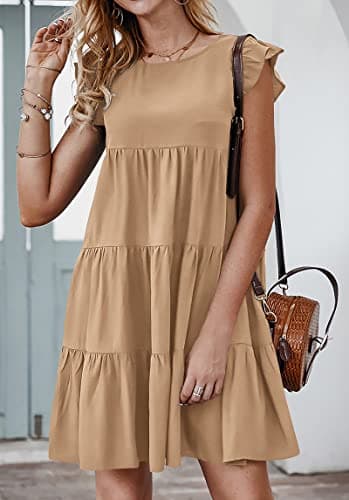 KIRUNDO Flowy Summer Dress for Women Sleeveless Ruffle Cap Sleeve Round Neck Loose Short Pleated Mini Babydoll Sun Dresses(Khaki, Medium) - Thumbnail 3