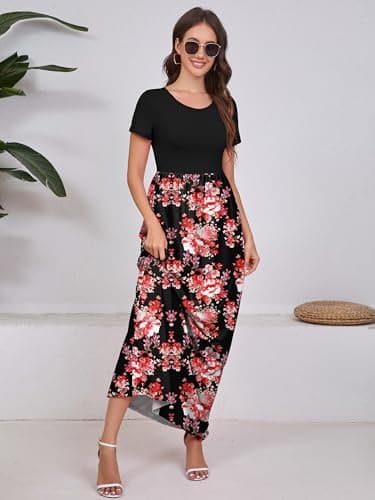 DEARCASE Women Long Dress Flower Red Black Medium Crewneck Boho Short Sleeve Maxi A-line Loose Casual Hawaiian Flowy Party Vintage Spring Summer Beach Dresses with Pockets - Thumbnail 4