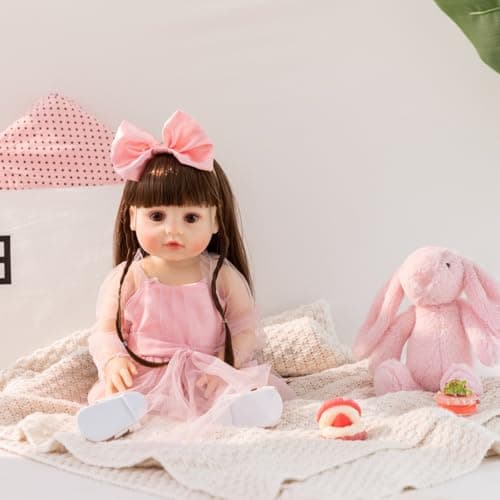 PUAMUBUA Reborn Baby Dolls 22 Inch Realistic Baby Girl Doll with Hair Silicone Full Vinyl Body Newborn Doll Real Life Like Muñecas Reales para Niñas Toddler Clothes Gift Set for Kid Age3+ (Pink Girl) - Thumbnail 3