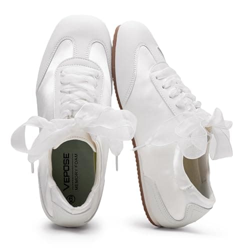 Vepose Women's Satin & Suede Gat Sneakers - White Retro Classic Fashion Trainers Ribbon Laces - Lightweight Memory Foam & Non-Slip Comfort Walking Shoes Travel, Size 6.5M US (CJY8202 White 06.5)