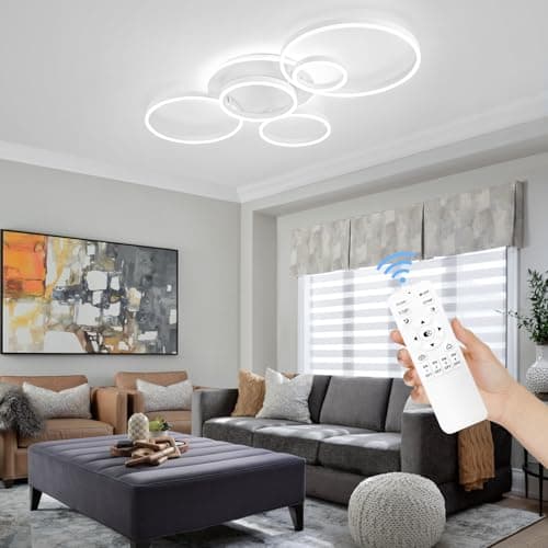 Modern LED Ceiling Light White Flush Mount Ceiling Light Dimmable Dining Room Light Fixtures with Remote 5 Rings Acrylic Kitchen Lighting Fixtures Ceiling Lamp for Living Room Bedroom (White, 5 Rings) - Thumbnail 2