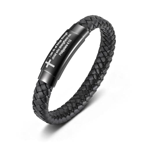Christian Cross Black Braided Leather Bracelet for Men, Inspirational Mantra Engarved Handmade Braided Bangle Adjustable Cuff Bracelet Motivational Wristband Faith Religious Jewelry Gift for Men, Philippians 4:13 - Image 1