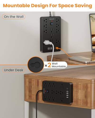 Bawmwim Surge Protector Power Strip - 11 Outlets(1850W/15A) with 6 USB Ports(2 USB C), 6FT Flat Plug Extension Cord, Wall Mount, Black, ETL Listed for Home, Dorm Room - Thumbnail 4
