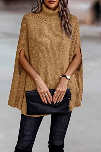 KIRUNDO Women's 2026 Fall Winter Turtleneck Poncho Sweater Fashion Chunky Knit Cape Wrap Sweaters Pullover Jumper Tops(Yellow Camel, Medium) - Thumbnail 3