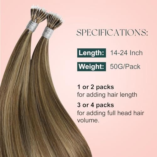 Easyouth Nano Hair Extensions Human Hair Highlight 18 Inch 50G, Nano Beads Extensions Human Hair Medium Brown Highlight Caramel Blonde, Nano Ring Beads Hair Extension Add Volume for Women, 50S - Thumbnail 5