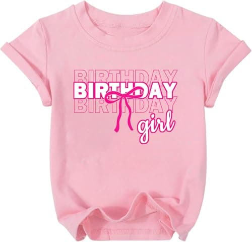 IsPICK Birthday Shirt Girl Birthday Girl Letter Print T-Shirt 4-12 Year Toddler Kids Bow 4th 5th Short Sleeve Tees Pink - Image 1