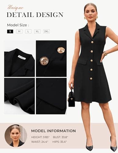 GRACE KARIN Summer Business Work Dress for Women Black Dress Sleeveless Midi Dress V Neck Dress M - Thumbnail 6