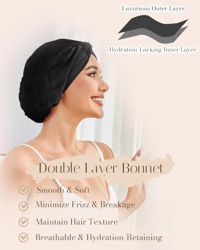 HFRHTGY Adjustable Silk Satin Hair Bonnet for Sleeping Women Hair Wrap, Double Layer Night Turban, Sleep Cap for Natural Curly Straight Unisex - Black - Thumbnail 3