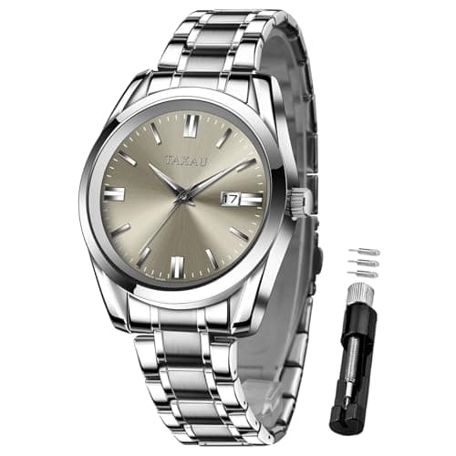 Taxau Men's Wrist Watches Waterproof Dress Watch for Men Analog Silver Watch Stainless Steel Band Grey Face Luxury Big Dail Large Wrist Watch for Gentlemen Luminous Hands Relojes Hombres - Image 1