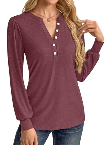 GKBK Women's Puff Long Sleeve Tunic V Neck Button Blouses Fall Tops Trendy Dressy Casual Business Henley Shirts Wine Red S - Thumbnail 4