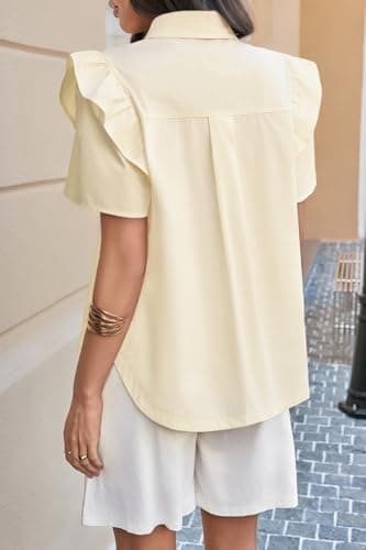 Cicy Bell Womens Ruffle Button Down Shirts Dressy Casual Short Puff Sleeve Cotton Tops Summer Loose Fit V Neck Blouses Beige - Thumbnail 4
