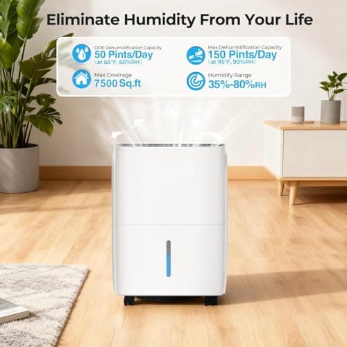 COWSAR 150 Pint Dehumidifier for Home Office Basement with Drain Hose, Energy Saving, Front LED Display, 8L Water Tank, Ideal for Spaces up to 7500 Sq. Ft., Featuring Auto Defrost,3 Modes, 24H Timer - Thumbnail 2