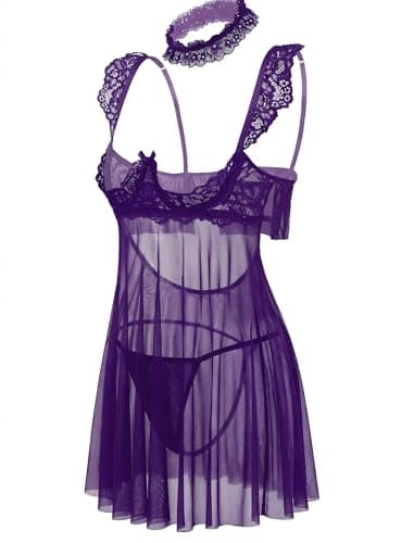 Avidlove Sexy Lingerie Dress for Women V Neck Push Up Lingerie Set Sheer Lace Negligee Chemise Purple M - Thumbnail 2