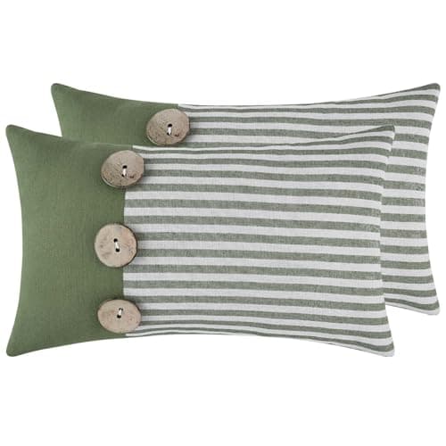 ASPMIZ Linen Throw Pillow Covers 20x12 Set of 2, Boho Farmhouse Couch Pillow Cover with Rustic Buttons, Soft Decorative Cushion Covers for Sofa, Bedroom, Living Room, Home Decor, Green - Image 1