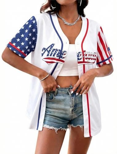 American Flag Jersey Women 250th Anniversary USA Shirt 4th of July Button Down Shirts Patriotic Baseball Tee Top - Image 1