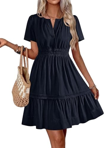 BTFBM Summer Dresses for Women 2026 Casual Boho Sundress Short Sleeve V Neck Ruffle A Line Beach Vacation Mini Dress(Navy, XX-Large) - Image 1