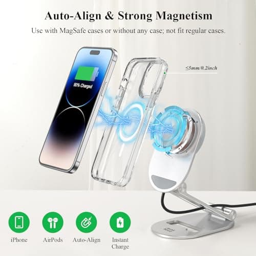 Magnetic Wireless Charger, Minthouz Foldable Mag Safe Charging Stand, Adjustable Wireless Charging Station with 20W Wall Adapter, for iPhone 16 15 14 13 12 Pro/Max/Plus, AirPods 3/Pro 2/Pro - Thumbnail 3
