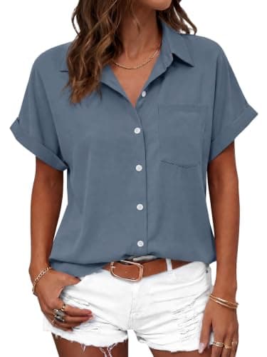 Tankaneo Womens Button Down Shirts Short Sleeve Blouses Summer Casual V Neck Collared Shirt Tops Blue Grey - Image 1