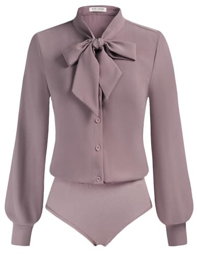Kate Kasin Women Purple Professional Business Blouse Dressy Casual, Long Sleeve Body Suits, Button Up Work Bodysuit Tops M - Image 1