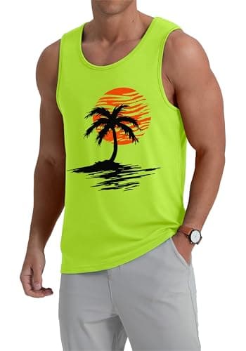 Mens Casual Summer Tank Tops Tropical Plants Graphic Crewneck Sleeveless Shirts Workout Gym Muscle Tops Beach Hawaii Vacation Fluorescein Palm Tree, M - Thumbnail 3