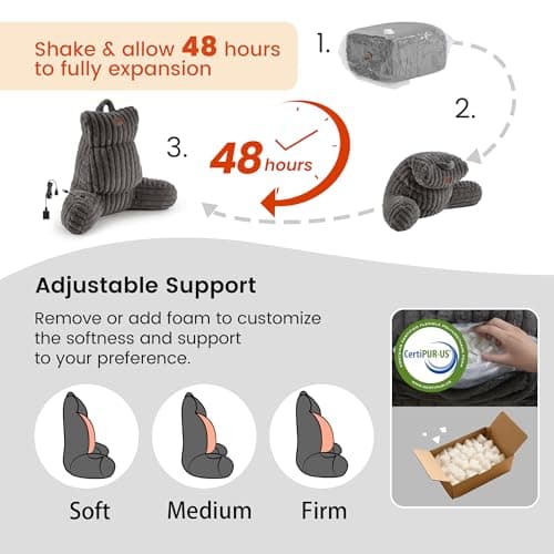 Amélie Home Heated Faux Fur Reading Pillow with Pocket - 3-Temperature Backrest for Sitting in Bed, USB-Powered(No Power Bank Included) Warming (113°F 131°F), 3H Auto Shutoff, Grey, 26 Inches - Thumbnail 3