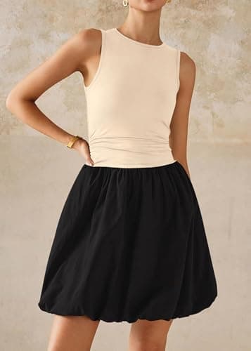 KIRUNDO Summer Bubble Dress for Women 2026 Casual Mini Spring Bodycon Cocktail Dresses Sleeveless Drop Waist Sundress Beach(Beige Black, Large) - Thumbnail 3
