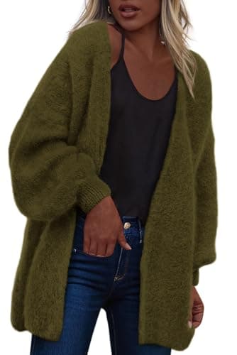 dowerme Women Open Front Cardigans Trendy Fall Long Sleeve Drop Shoulder Soft Knit Slouchy Sweater Spring Outerwear 2026(Army Green,Small) - Image 1