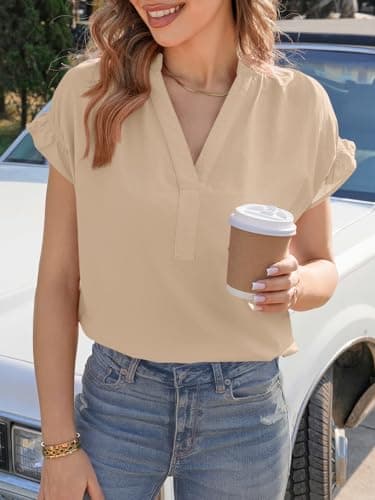 Tankaneo Womens Ruffle Short Sleeve Blouses Summer Casual V Neck Tops Loose Curved Hem Cotton Shirts Apricot - Thumbnail 3