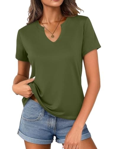 Women's V Neck Cotton T-Shirts Breathable Short Sleeve Tops Lightweight Stretch Summer Tees (Army Green,Medium)