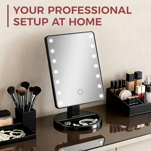 KOOKIN Lighted Vanity Makeup Mirror Led Lights 180 Degree Rotation Lighted Mirror Touch Screen Adjusted Brightness Desk Mirrors USB Dual Supply Bathroom Beauty Cosmetic Mirrors (Black) - Thumbnail 2