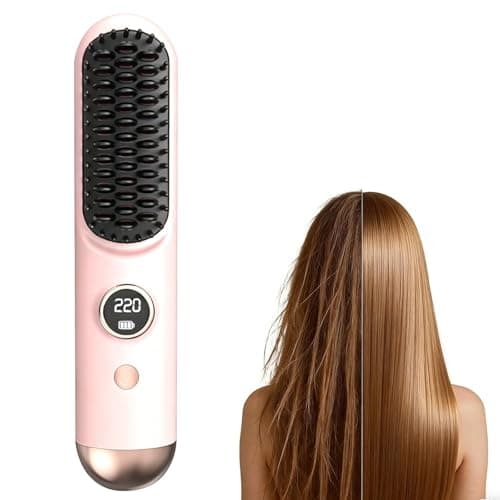 Cordless Hair Straightener Brush 2026, Mini Portable Flat Iron Comb for Women, Fast Heating with 9 Temperatures for Short & All Hair Types (Pink)