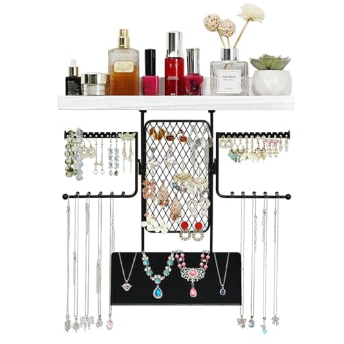BNING Hanging Jewelry Organizer, Wall Jewelry Organizer with Shelf for Women, Rustic Wooden Necklace Holder Wall Mounted, Earring Holder Organizer Display for Earrings Bracelets Necklaces - Image 1