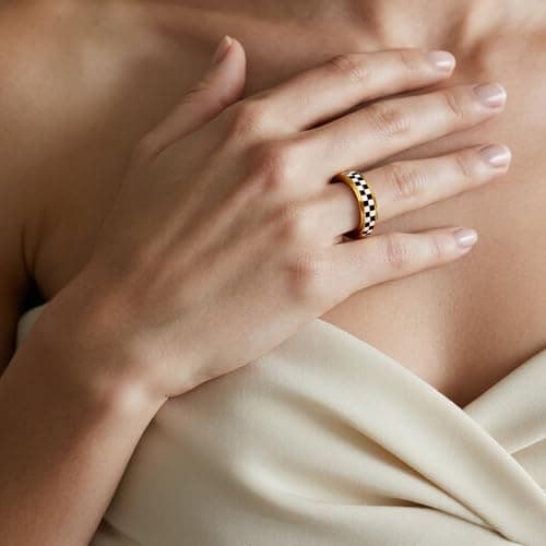 Mothers Day Gifts for Mom Daughter-Checkered Fidget Ring for Anxiety Relief,Silent Spinning Jewelry,Black & White Pattern Stainless Steel 18K Gold Plated Thumb Spinner Jewelry for Men Women Size 5-11 - Thumbnail 2