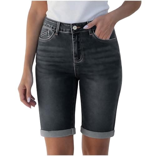Drindf Bermuda Denim Shorts Women, Knee Length High Waisted Button Fly Cuffed Womens Jean Shorts with Pockets, Petite Long Jorts for Summer,Fall,Work Outfits,Black S