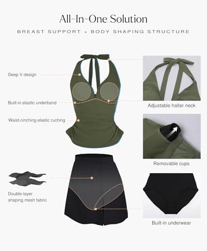 Popilush Tankini Swimsuits for Women Tummy Control Two Piece Shapewear Bathing Suits with Skirt Halter Ruched Swimwear Green - Thumbnail 3