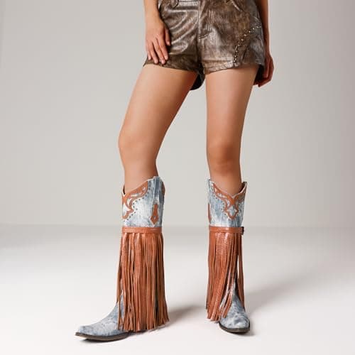 SaraIris Women's Blue Western Mid Calf Boots, Size 9.5, Knee-High, Fringe, Pull-On, Pointed Toe, Embroidered, Slip-Resistant, Water-Resistant, Kitten Heel - Thumbnail 2